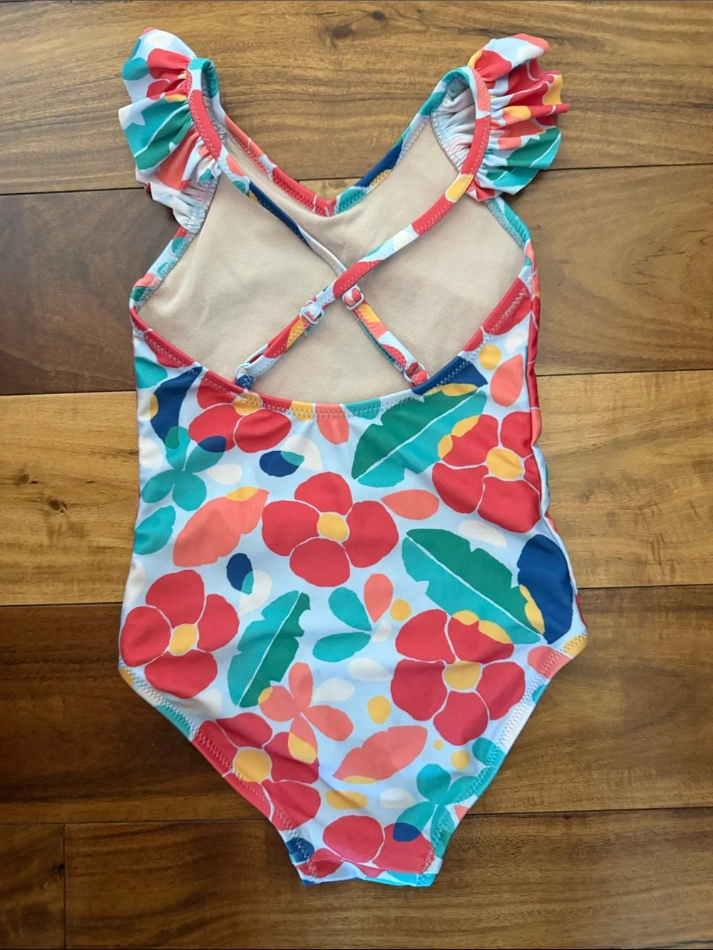Girls Floral Ruffle Strap One-Piece Swimsuit - Multicolor